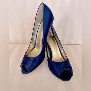 Navy Blue Satin Peep Toe Heels